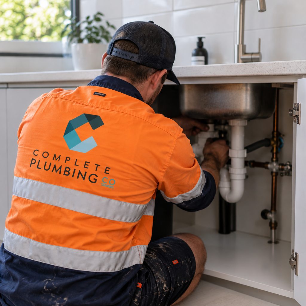 A Complete Plumbing Co plumber working under a kitchen sink in Geelong
